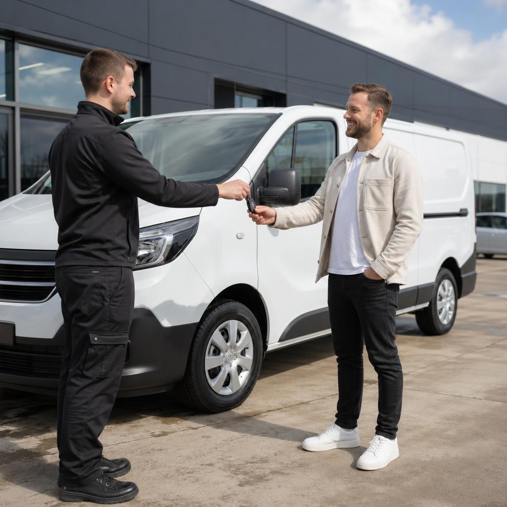 A customer receives keys beside a clean hire van on a professional forecourt.