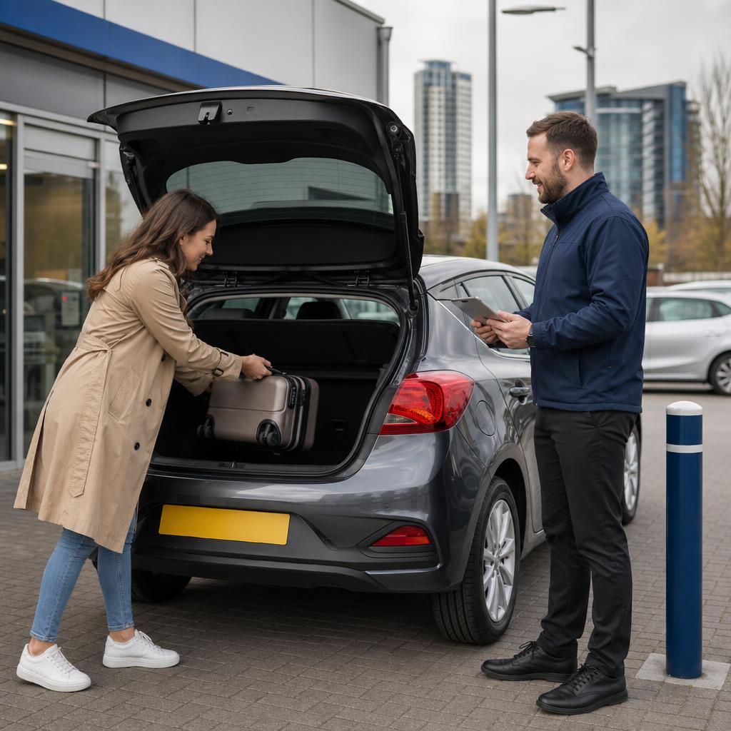 A customer loads a suitcase into a compact hire car during a city forecourt handover in Southampton.