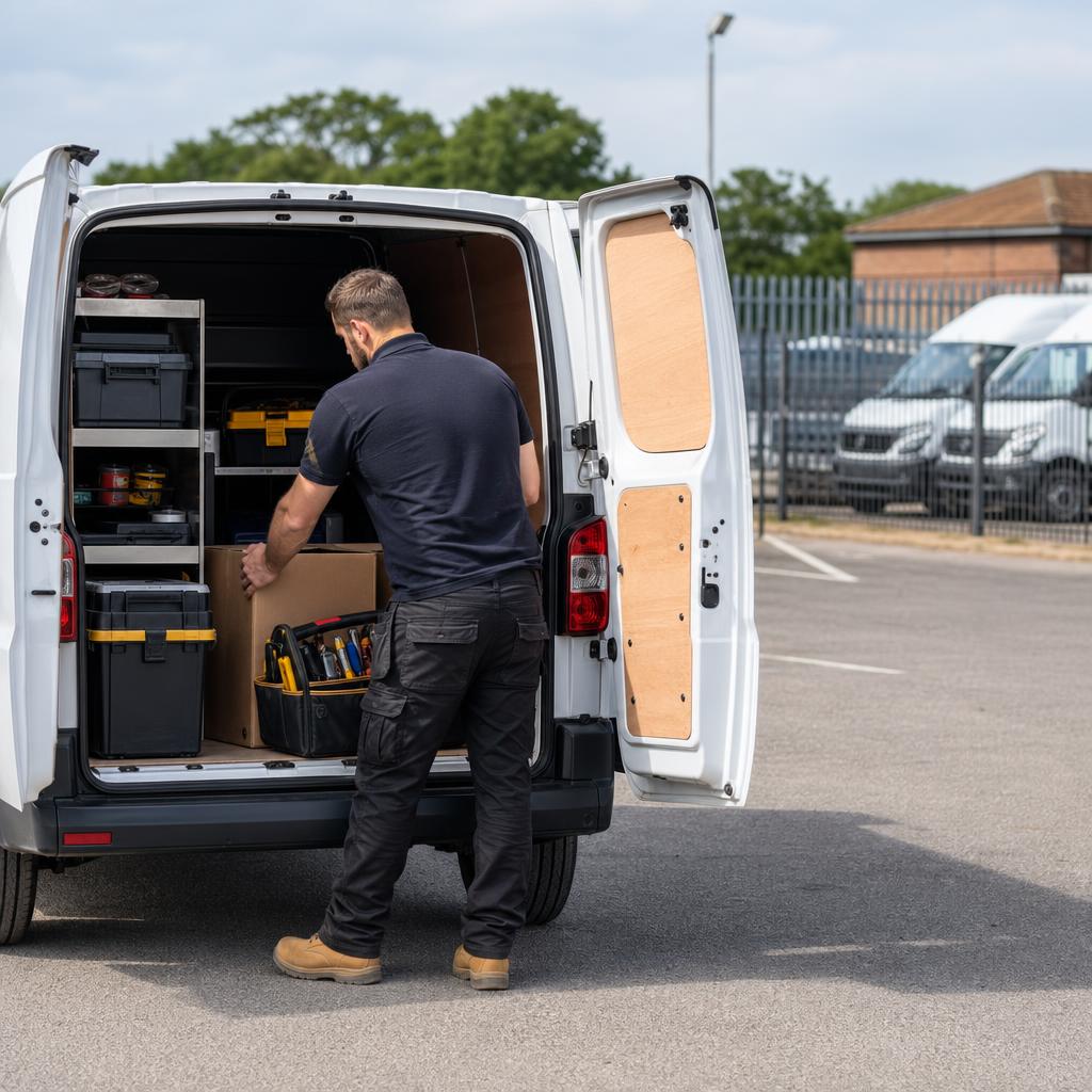 A tradesperson secures tools inside a medium panel hire van on a tidy Eastleigh forecourt.