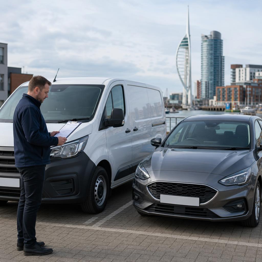 A customer completes a vehicle handover beside a hire car and small van in Portsmouth.