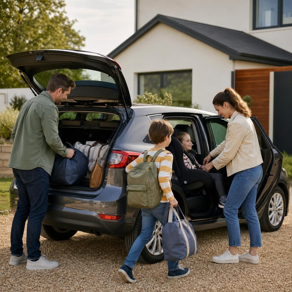 A family loads weekend bags into a compact hire car outside a home in Winchester.
