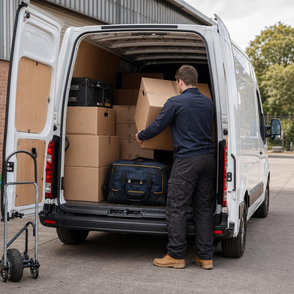 A customer in workwear loads boxes and tool bags into the back of a hire van in Fareham.