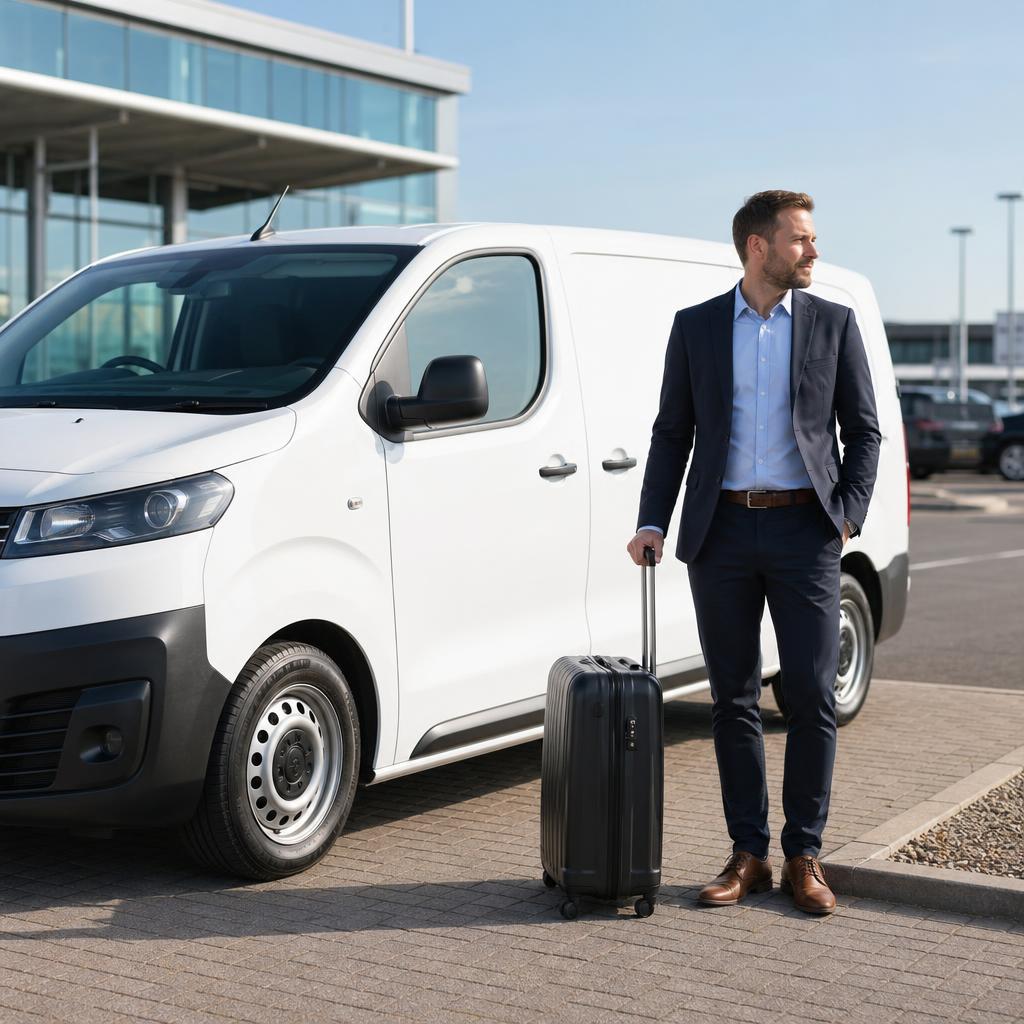 A business traveller stands beside a compact hire van with a carry-on suitcase near Southampton Airport.