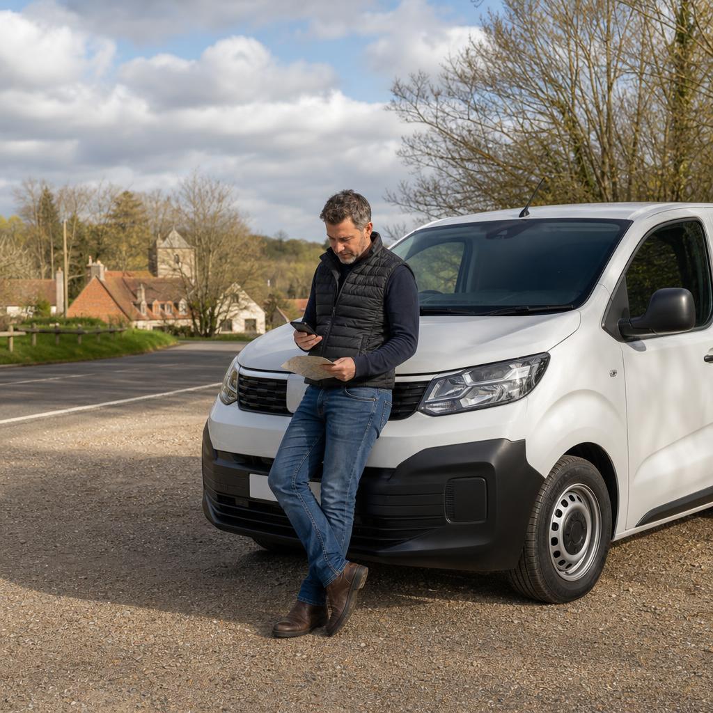 Hire vehicle travelling along a local route near Botley with countryside surroundings